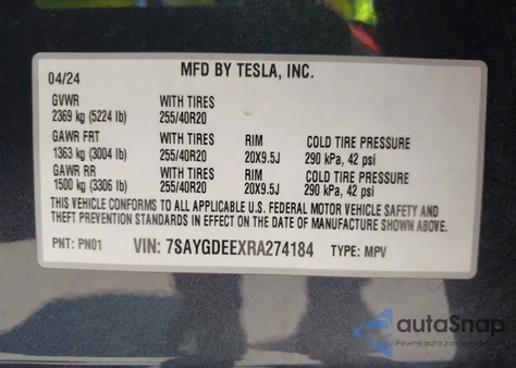 2024 Tesla Model Y Long Range Dual Motor All-Wheel Drive from USA, damaged, VIN 7SAYGDEEXRA274184